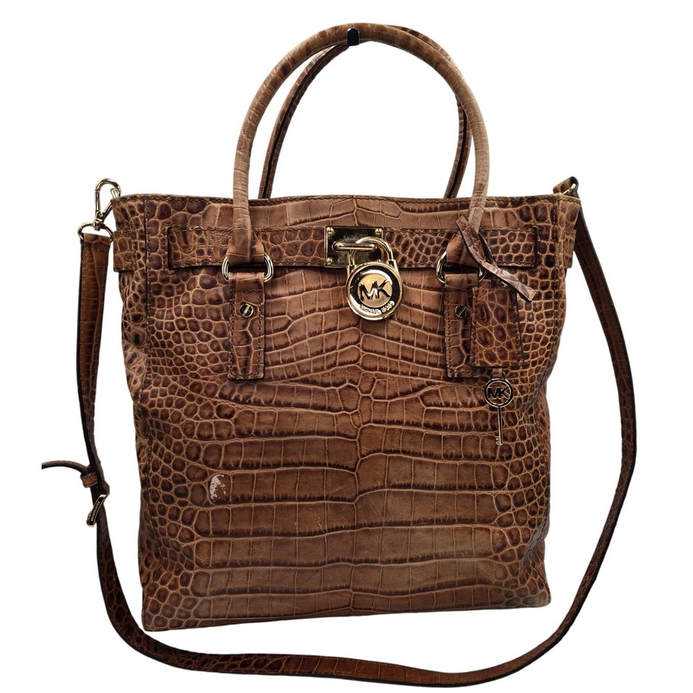 Michael‎ Kors Crocodile Embossed Leather Tote Shoulder Bag Brown Gold Lock Key